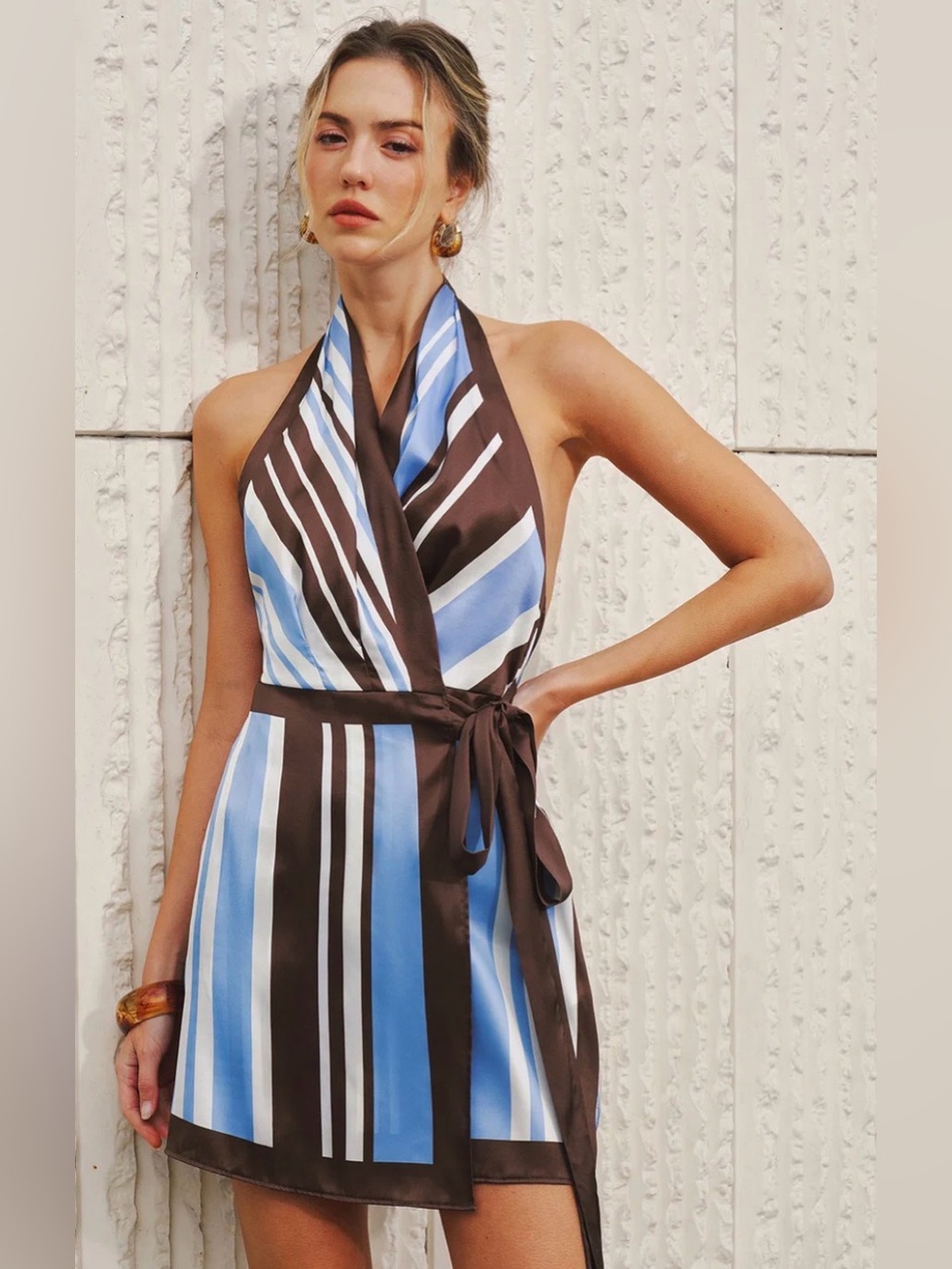 COMMENSE HALTER  Stripe SATIN Halter Wrap Dress